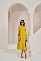 One Side Pleated Dress Mustard Yellow - Chi Linen