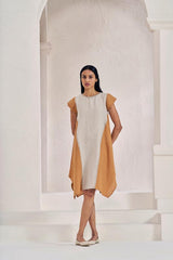 Cap Sleeve 2 Colour Dress Sand Brown - Chi Linen