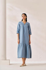 Gathered Neckline Long Dress Airforce Blue - Chi Linen