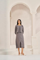 2 Layer Front Slit Dress Stone Grey - Chi Linen