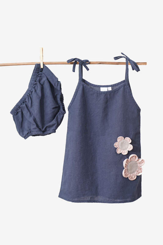 Navy Blue Tie-Up Shoulder Flower Frock - Chi Linen