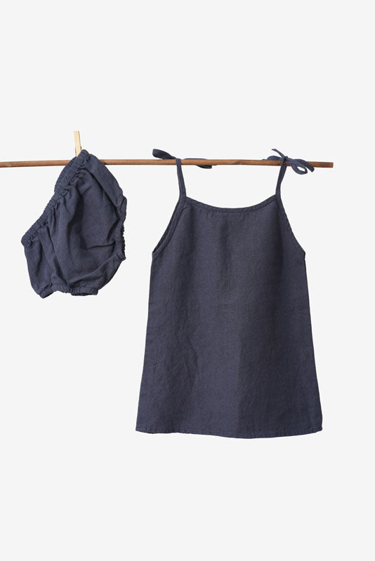 Navy Blue Tie-Up Shoulder Flower Frock - Chi Linen