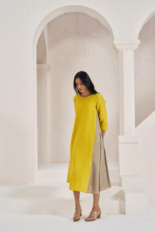 One Side Pleated Dress Mustard Yellow