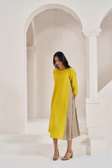 One Side Pleated Dress Mustard Yellow - Chi Linen