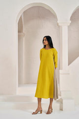 One Side Pleated Dress Mustard Yellow - Chi Linen