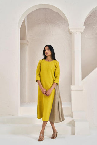 One Side Pleated Dress Mustard Yellow