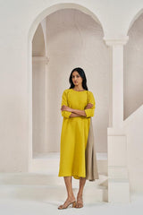 One Side Pleated Dress Mustard Yellow - Chi Linen