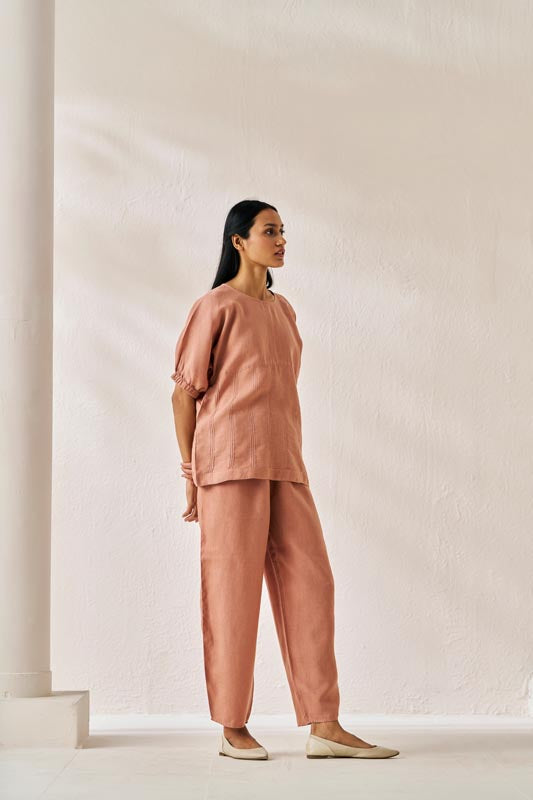 Pleated Top and Harem Pants Co-ord Set Peach - Chi Linen