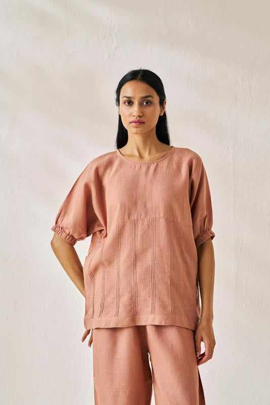 Pleated Top and Harem Pants Co-ord Set Peach - Chi Linen