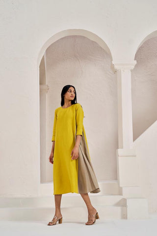 One Side Pleated Dress Mustard Yellow