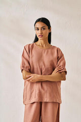 Pleated Top and Harem Pants Co-ord Set Peach - Chi Linen