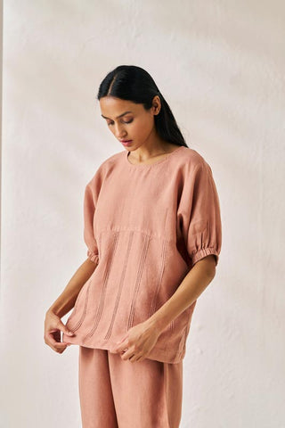 Pleated Top and Harem Pants Co-ord Set Peach - Chi Linen