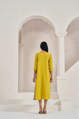 One Side Pleated Dress Mustard Yellow - Chi Linen