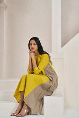 One Side Pleated Dress Mustard Yellow - Chi Linen