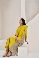 One Side Pleated Dress Mustard Yellow - Chi Linen