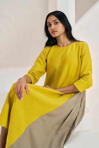 One Side Pleated Dress Mustard Yellow