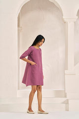 Boat Neck A-line Dress Twilight Purple - Chi Linen