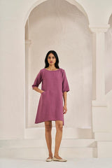 Boat Neck A-line Dress Twilight Purple - Chi Linen