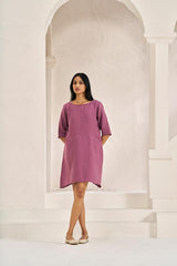 Boat Neck A-line Dress Twilight Purple - Chi Linen