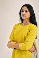 One Side Pleated Dress Mustard Yellow - Chi Linen