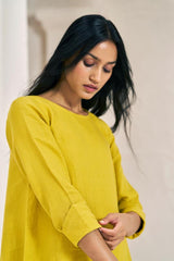 One Side Pleated Dress Mustard Yellow - Chi Linen