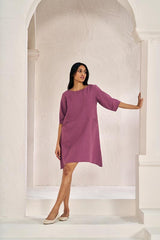 Boat Neck A-line Dress Twilight Purple - Chi Linen