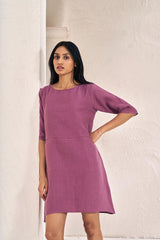 Boat Neck A-line Dress Twilight Purple - Chi Linen