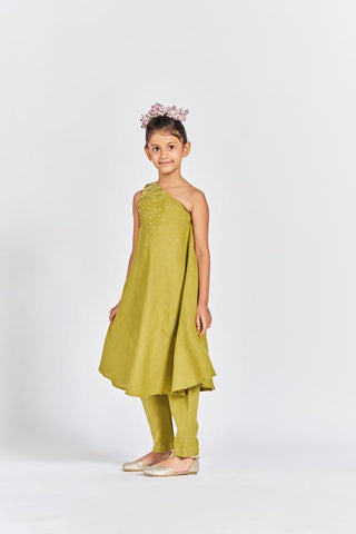 Olive green one shoulder kurta set