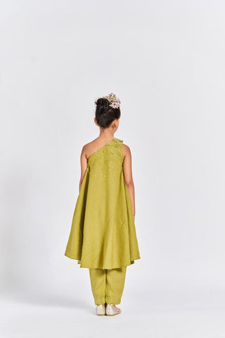 Olive green one shoulder kurta set