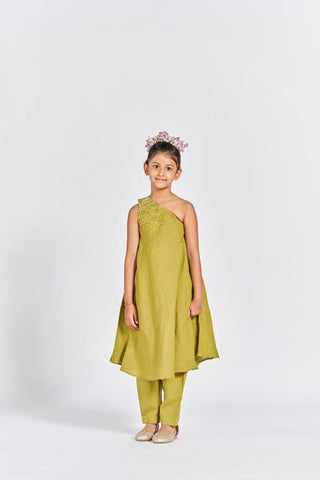 Olive green one shoulder kurta set