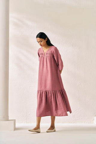 Gathered Neckline Long Dress Rose Gold - Chi Linen