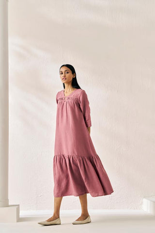 Gathered Neckline Long Dress Rose Gold - Chi Linen