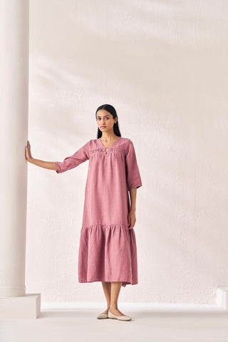 Gathered Neckline Long Dress Rose Gold - Chi Linen