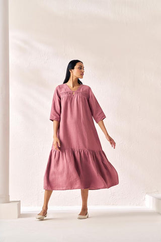 Gathered Neckline Long Dress Rose Gold - Chi Linen