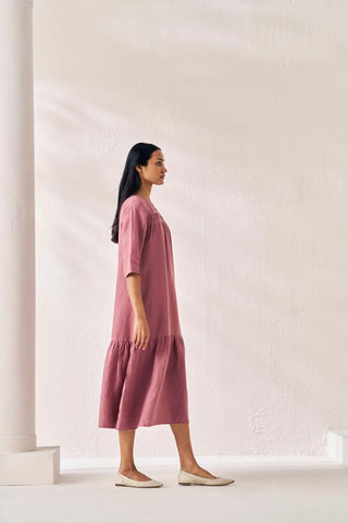 Gathered Neckline Long Dress Rose Gold - Chi Linen