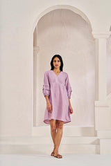 Pleated Sleeves V-neck Dress Pink - Chi Linen