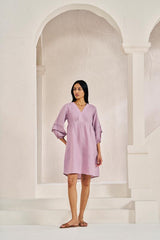 Pleated Sleeves V-neck Dress Pink - Chi Linen