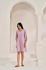 Pleated Sleeves V-neck Dress Pink - Chi Linen