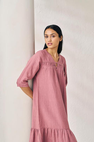 Gathered Neckline Long Dress Rose Gold - Chi Linen