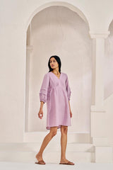 Pleated Sleeves V-neck Dress Pink - Chi Linen