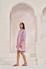 Pleated Sleeves V-neck Dress Pink - Chi Linen