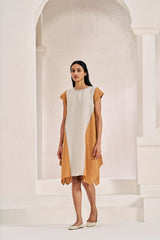 Cap Sleeve 2 Colour Dress Sand Brown - Chi Linen