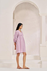 Pleated Sleeves V-neck Dress Pink - Chi Linen