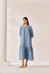 Gathered Neckline Long Dress Airforce Blue - Chi Linen