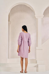 Pleated Sleeves V-neck Dress Pink - Chi Linen