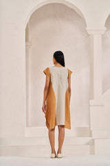 Cap Sleeve 2 Colour Dress Sand Brown - Chi Linen