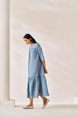 Gathered Neckline Long Dress Airforce Blue - Chi Linen