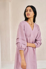 Pleated Sleeves V-neck Dress Pink - Chi Linen