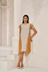 Cap Sleeve 2 Colour Dress Sand Brown - Chi Linen