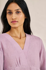 Pleated Sleeves V-neck Dress Pink - Chi Linen